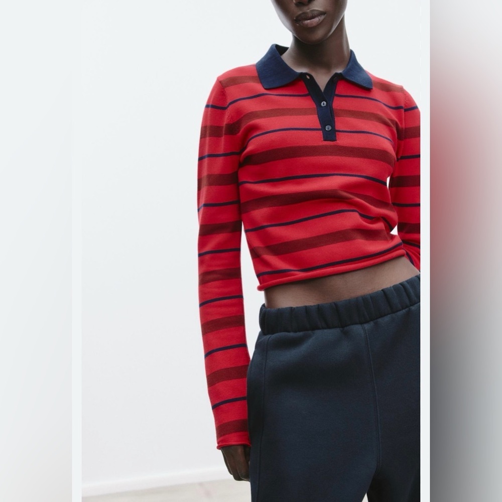 Zara Red and Black Striped Long Sleeve Polo